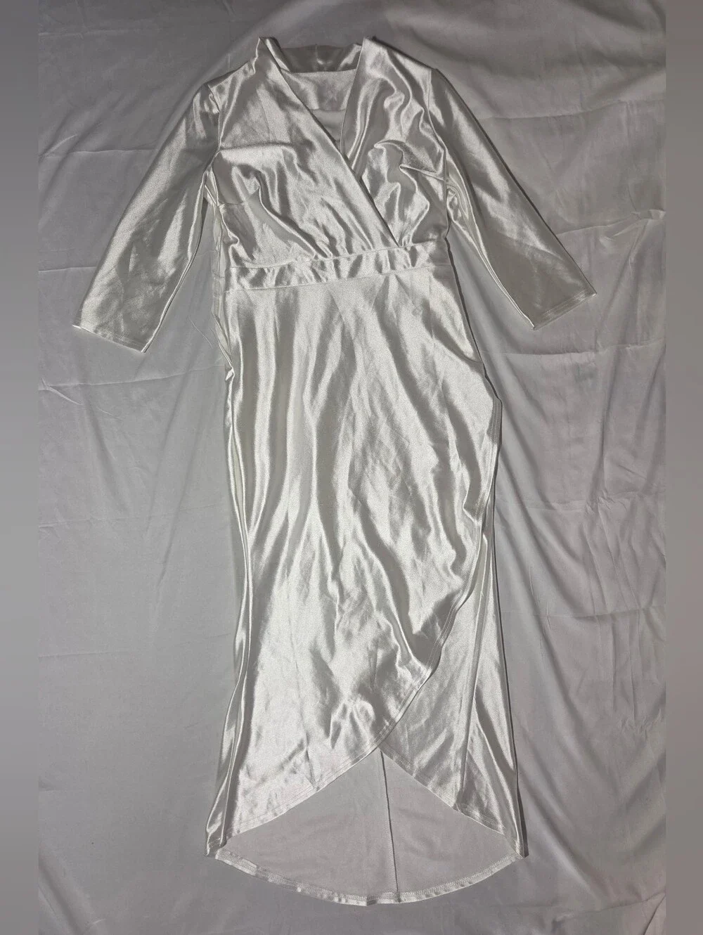 White Satin Long Sleeve V-Neck Wrap Midi Dress with High Low Hem